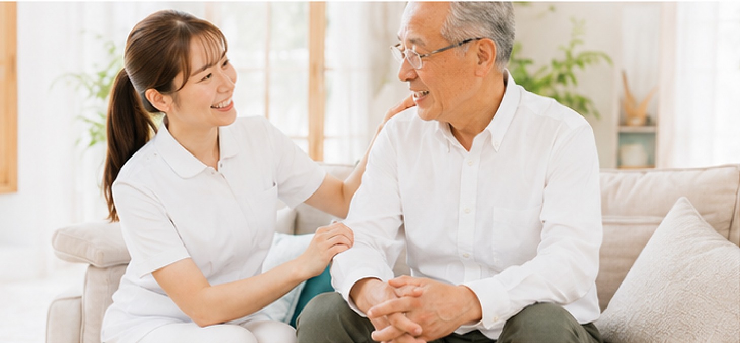 訪問看護スタッフが利用者さまと笑顔で話している様子